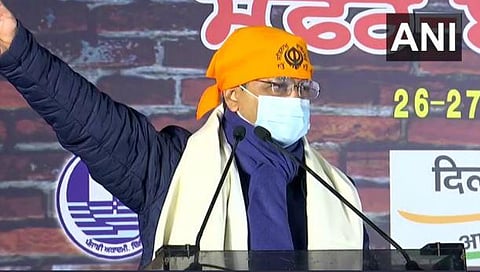 Delhi CM Arvind Kejriwal at Singhu border. (Photo | ANI)