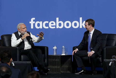 Prime Minister of India Narendra Modi seen with Facebook CEO Mark Zuckerberg. 
