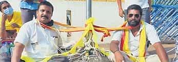 Kannada activists stage a protest on the premises of BCC, in Belagavi on Monday