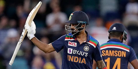 India's KL Rahul raises his bat after making 50 runs against Australia during their T20I match at Manuka Oval, in Canberra. (Photo | AP)