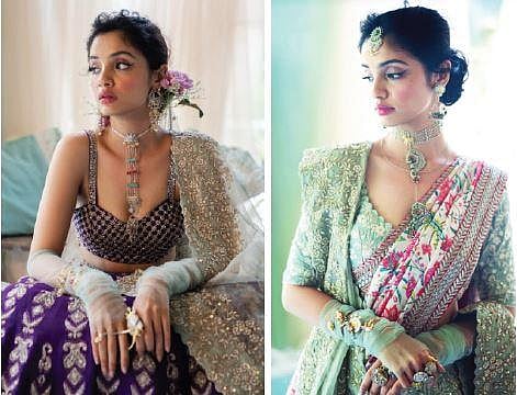 Noveau designs, stylish silhouettes and rich contrasts run through the collection marked by pastels, tissue, and layers of intriguing jewellery with fruits, flowers and butterflies darting across the