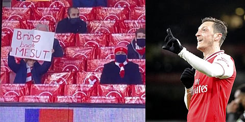 A fan (L) in the Emirates stadium with 'Bring back Mesut' message; Arsenal player Mesut Ozil (R) (Photos | Twitter/@primevideosport, AP)