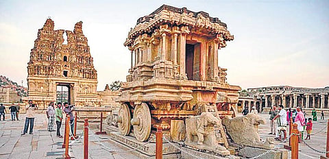 Wooden barricades were installed around the Stone Chariot near the Vijay Vittala temple in Hampi | Shivashankar Banagar