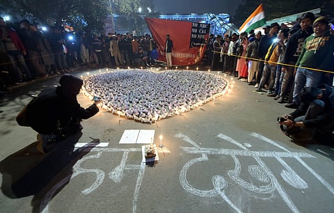 Protestors made an art in a demonstration against Citizenship Amendment Act and NRC at Shaheen Bagh in New Delhi. (File | PTI)