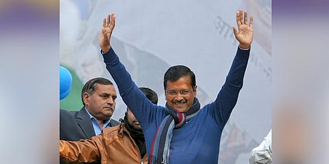 AAP chief Arvind Kejriwal addreses supporters after party's victory in the State Assembly polls, at AAP office in New Delhi. (Photo | Shekhar Yadav, EPS)