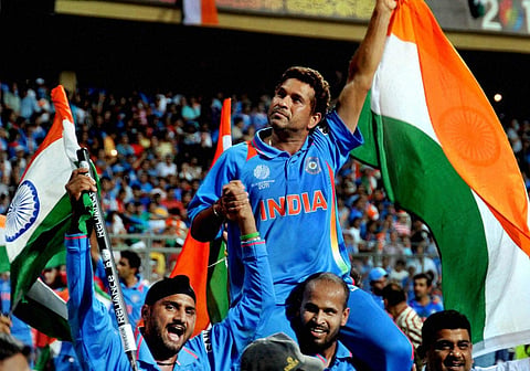 Sachin Tendulkar being carried by teammates after India won the 2011 ICC Cricket World Cup. (File Photo | PTI)