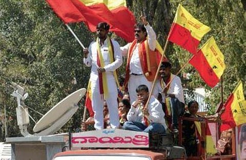 Pro-Kannada organisations stage protest  at KSR railway station in Bengaluru  on Thursday | Meghana Sastry