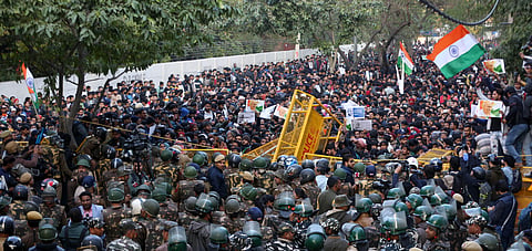 Students try to breach the police barricading during thier protest march against the Citizenship Amendment Act and National Register of Citizens near Jamia Millia Islamia university in New Delhi. (File Photo | Shekhar Yadav, EPS)