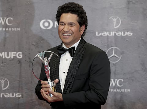 Sachin Tendulkar with the Laureus award during the ceremony in Germany. (Photo | AP)