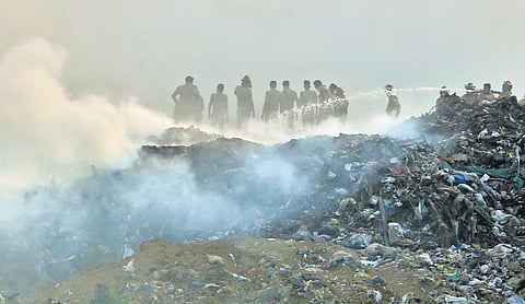 Firefighters battle the blaze at Kochi Corporation’s Brahmapuram waste treatment plant  on Tuesday afternoon | Arun Angela