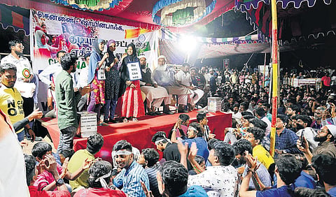 Young girls speaking on stage during the protest against CAA at Washermenpet in Chennai on Tuesday | debadatta mallick