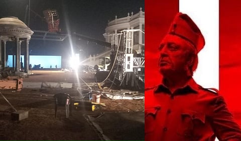 (L to R) The 'Indian 2' film set; Kamal Hassan in Indian 2 poster.