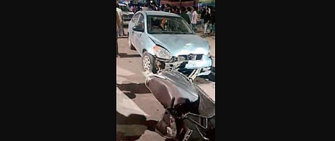 The car that hit the two-wheeler near Genpact at Hafizpet early on Wednesday morning.