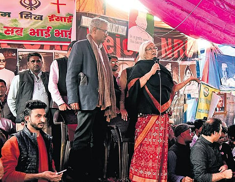 Supreme Court-appointed interlocutors advocates Sanjay Hedge and Sadhana Ramachandran at Shaheen Bagh in New Delhi on Thursday | Parveen Negi