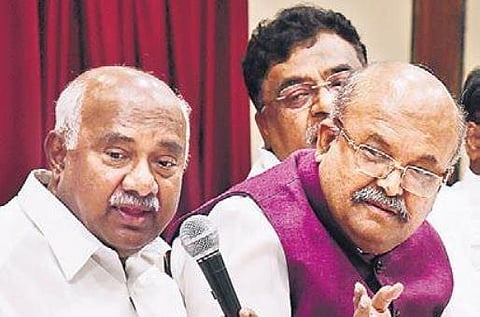 Former minister AH Vishwanath and MLC  HM Revanna at a Shepherds India International meet in Bengaluru on Thursday I SHRIRAM BN