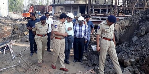 Kumarambheem Asifabad SP Vishnu S Warrier inspects the boiler construction site at Sirpur paper mill on Sunday. (Photo| EPS)