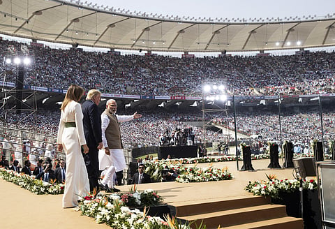 US President Donald Trump, first lady Melania Trump, and Prime Minister Narendra Modi arrive for a 'Namaste Trump'. (Photo| AP)
