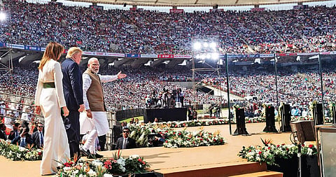 PM Narendra Modi, US President Donald Trump and First Lady Melania Trump during the ‘Namaste Trump’ event at Sardar Patel Stadium in Ahmedabad. (Photo | PTI)