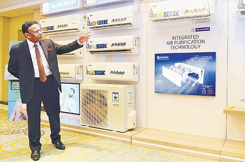 Blue Star MD B Thiagarajan explaining the features of the new line of  inverter ACs during a press meet in the city on Tuesday 