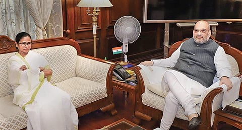 Home Minister Amit Shah during a meeting with West Bengal CM Mamata Banerjee in New Delhi.  (File | PTI)
