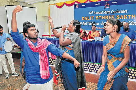 Artistes perform during the 14th annual conference of Dalit Sthree Sakthi  in Vijayawada on Tuesday. (Photo | EPS/Prasant Madugula)