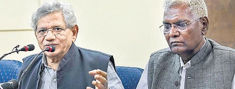 CPI(M) leader Sitaram Yechury and CPI’s D Raja address a press conference. (Photo | PTI)