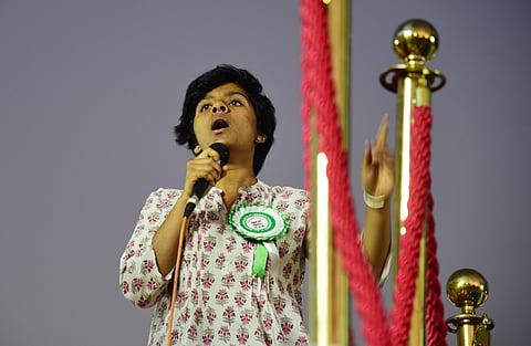 Amulya Leona speaking at the function. (File photo| EPS)