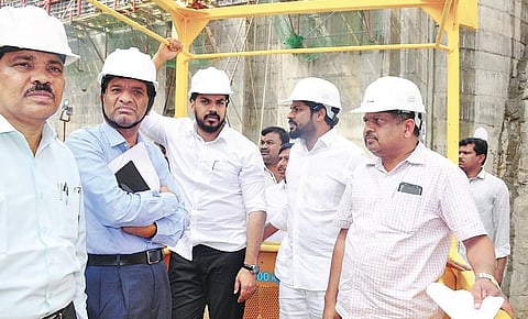 Irrigation Minister Anil Kumar Yadav (Centre) with officials at the Polavaram project site in West Godavari district on Sunday | Express
