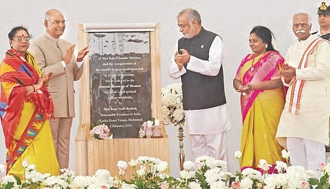 President Ram Nath Kovind inaugurates the Kanha Shanti Vanam on the outskirts of Hyderabad on Sunday. Also seen are Telangana Governor Tamilisai Soundararajan, Himachal Pradesh Governor Bandaru Dattatreya and Heartfulness guru Kamlesh Patel