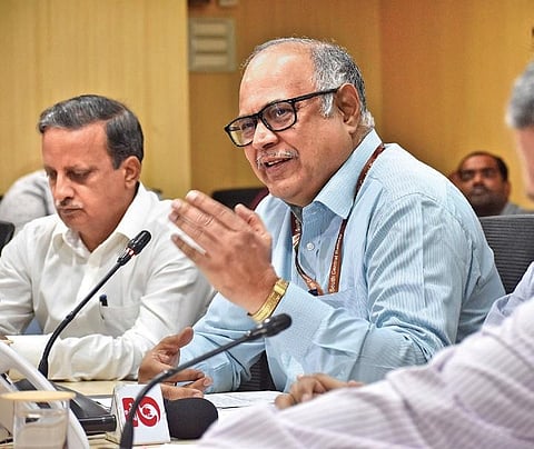 General Manager of South Central Railway, Gajanan Mallya, addresses the press at Rail Nilayam in Hyderabad on Wednesday | S Senbagapandiyan