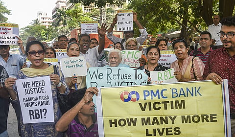 PMC Bank depositors protesting outside RBI. (File| PTI)