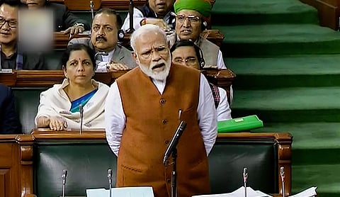 PM Narendra Modi speaks in the Lok Sabha, during the ongoing Budget Session of Parliament. (Photo| LSTV via  PTI)
