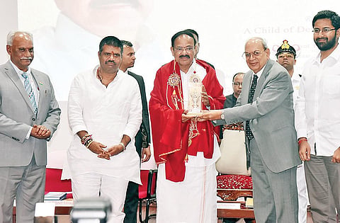 GITAM Deemed to be University president Sri Bharat and chancellor Koneru Ramakrishna Rao felicitating Vice-President  Venkaiah Naidu at an event at the varsity in Visakhapatnam on Saturday | EXPRESS