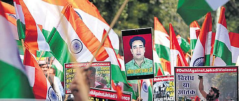 Army veterans at the march took to the stage and spoke about how the violence seemed meticulously planned. (Photo | Shekhar Yadav, EPS)