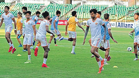 Chennai City FC players during a training session on Tuesday | EXPRESS