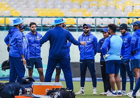 Indian cricket team players during a practice session ahead of the first ODI against South Africa in Dharamshala. (Photo | PTI)