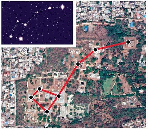 A satellite image of Qutb Shahi Tombs shows its similarity to the Ursa Minor constellation, Hyderabad