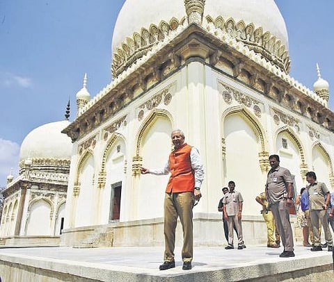 The US Ambassador to India, Kenneth I. Juster, takes a look at the restored tombs of Taramati and Premamati at Qutb Shahi tombs complex in Hyderabad on Tuesday |  VINAY MADAPU