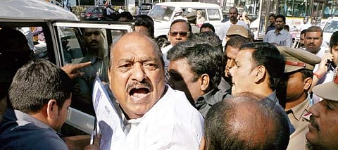 Tadipatri TDP legislator JC Prabhakar Reddy being arrested by the police at RTA office in Hyderabad on Tuesday  | Express Photo