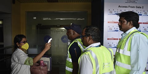 Medical team checking employees and visitors for coronavirus during the 'Wings India 2020' at Begumpet on Friday. (Photo| Vinay Madapu, EPS)