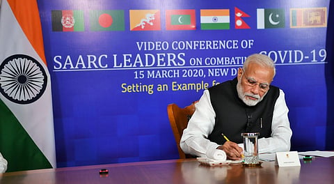 PM Modi at the video conference of SAARC nations. (Photo | Twiiter)