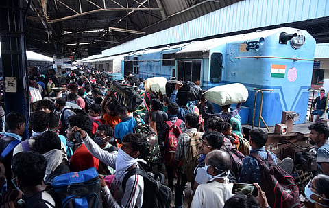 People who are working in Chennai as daily labour is returning to thier home town after shops and mall are closed due to coronavirus threat. (Photo | R Sathish Babu/EPS)
