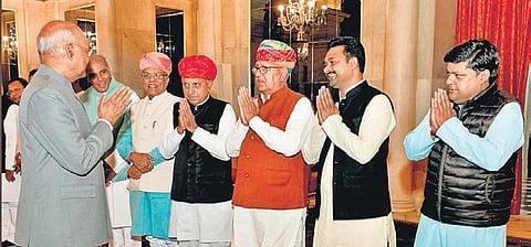 MPs from UP and Rajasthan greet President Ram Nath Kovind during a breakfast hosted by him at Rashtrapati Bhavan; BJP’s Dushyant Singh is on extreme right.  (Photo | PTI )