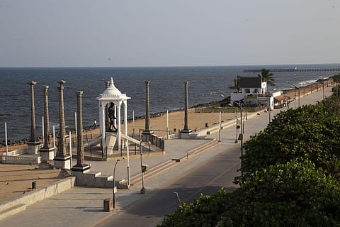 The Puducherry beach road lies deserted on Saturday as the government banned public entry to halt the spread of COVID-19. (Photo | G Pattabi Raman, EPS)