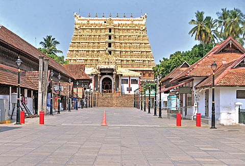 The main pathway of Sree Padmanabhaswamy Temple in Thiruvananthapuram wears a deserted look as the  temple authorities restricted the entry of devotees in the wake of Covid-19 scare