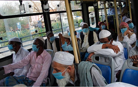 People who showed coronavirus symptoms being taken to various hospitals from Nizamuddin area in New Delhi on Monday March 30 2020. (Photo | Anil Shakya, EPS)