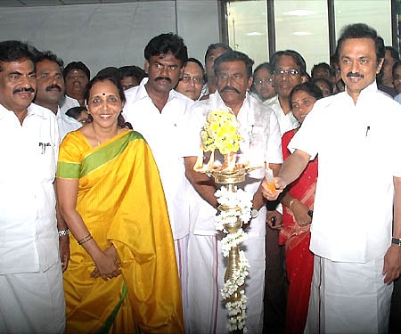 President of the DMK doctors' wing Poongothai Aladi Aruna with DMK president MK Stalin and other party leaders (Express File Photo)