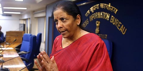Finance Minister Nirmala Sitharaman addresses media on cabinet decisions at Shastri Bhawan in New Delhi. (Photo| Shekhar Yadav, EPS)