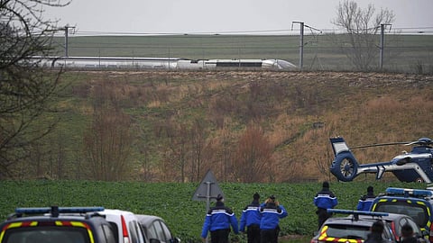 Gendarmes arrive near the site where the high-speed train derailed. (File photo | AFP)