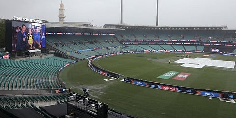 Rain falls on the Sydney Cricket Ground delaying the start of the Women's T20 World Cup cricket semifinal matches in Sydney, Thursday, March 5, 2020. (Photo | AP)